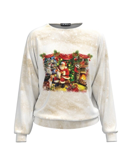 Bluza in nuante de bej tip hanorac din catifea cu imprimeu Mos Craciun CMD3581