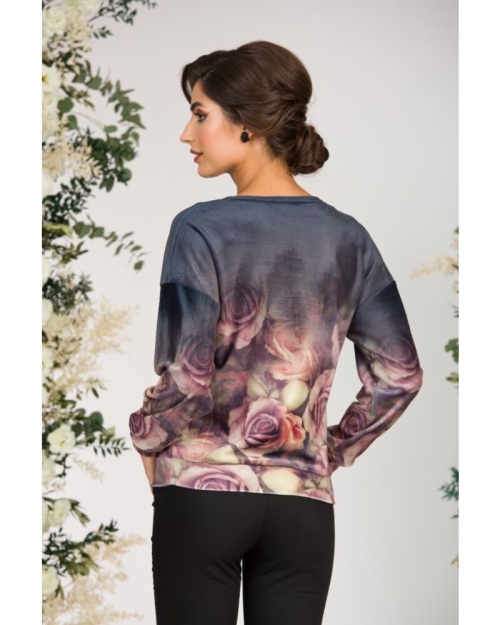 Bluza maro tip hanorac din catifea cu imprimeu trandafiri CMD1709 - Img 4