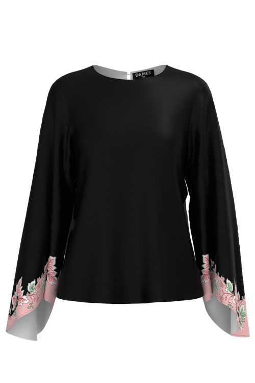 Bluza neagra eleganta cu maneca lunga si imprimeu floral