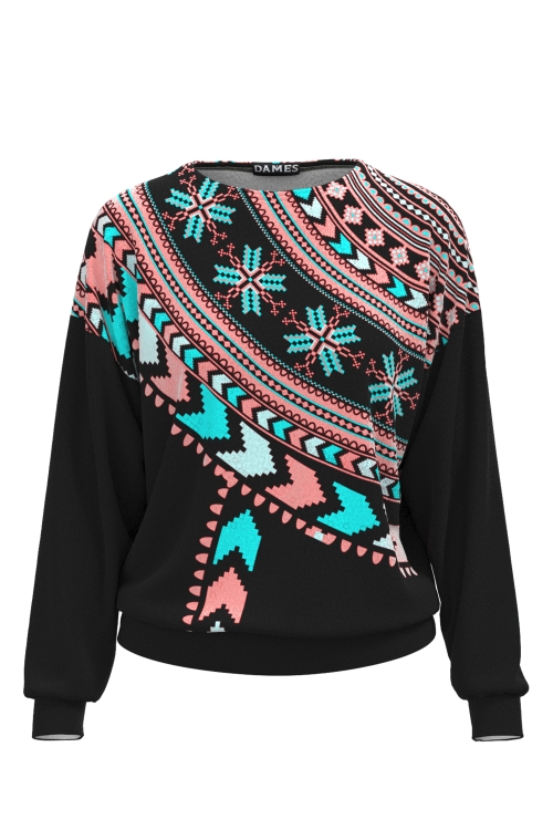 Bluza neagra tip hanorac din catifea imprimata traditional multicolor