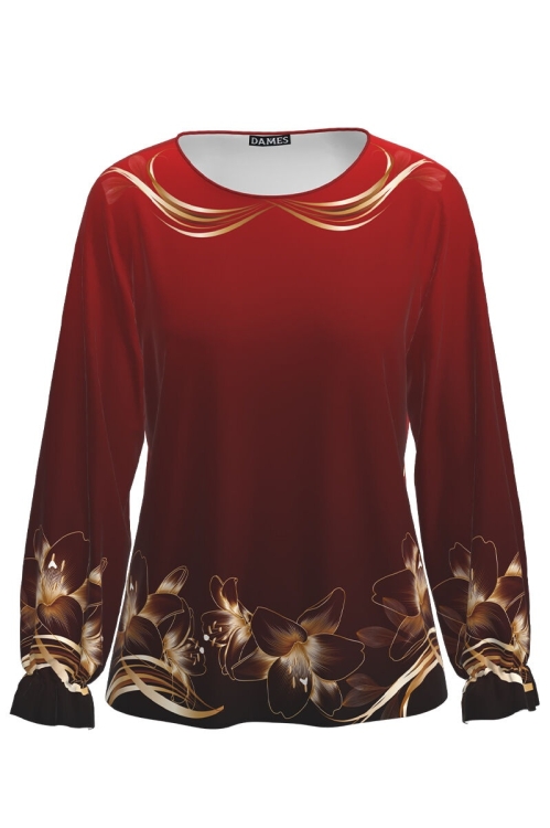 Bluza rosu degrade imprimata cu model floral Crini CMD2127 - Img 2