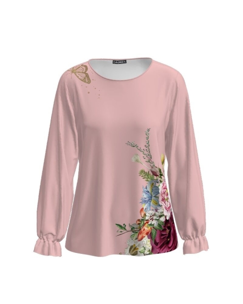 Bluza roz cu maneca lunga imprimata cu model floral CMD1352