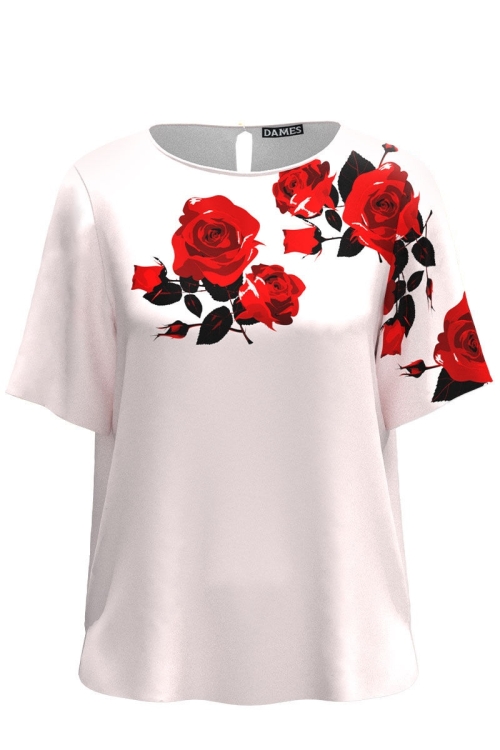 Bluza roz pal cu maneca scurta imprimata trandafiri CMD5053 - Img 2