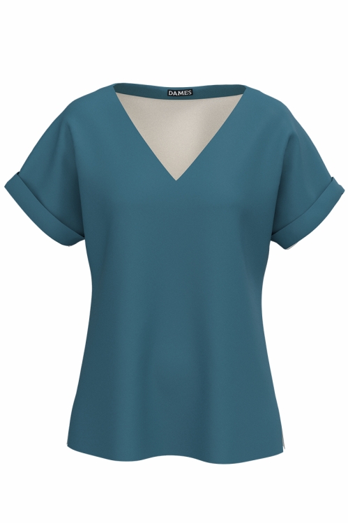 Bluza turcoaz de vara cu maneca raglan si decolteu in V