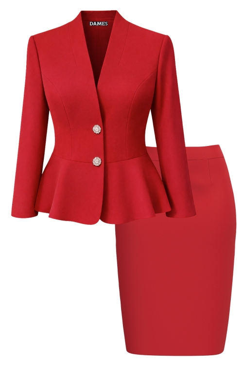 Costum dama rosu sacou cu volan si fusta Clasic