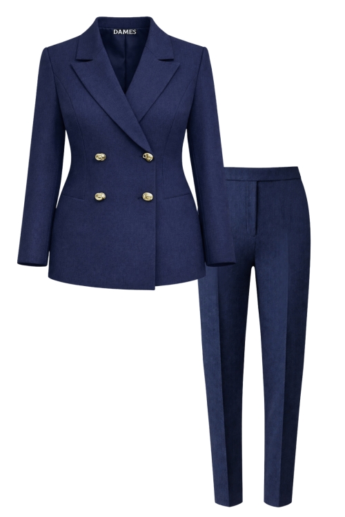 Costum dama sacou clasic si pantalon conic bleumarin din stofa fina Valeria