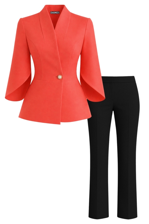 Costum elegant cu sacou corai si pantalon drept negru