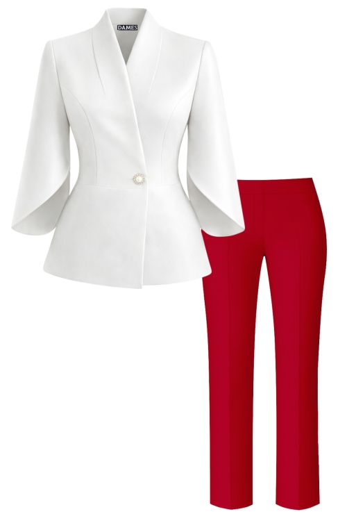 Costum elegant sacou alb cu maneci asimetrice si pantalon drept rosu
