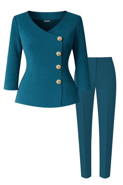 Costum elegant sacou cu decolteu inima si pantalon conic turcoaz