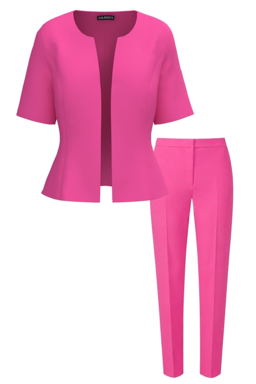 Costum elegant sacou cu maneca scurta si pantalon conic roz trandafiriu