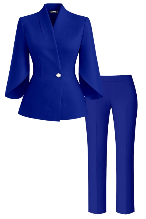 Costum elegant sacou cu maneci asimetrice si pantalon drept Albastru regal