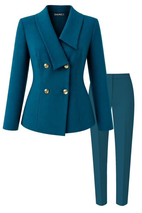 Costum elegant sacou cu rever asimetric si pantalon conic turcoaz