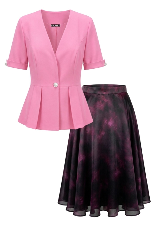 Costum elegant sacou roz cu nasturi bijuterie si fusta clos din organza cu accente fucsia