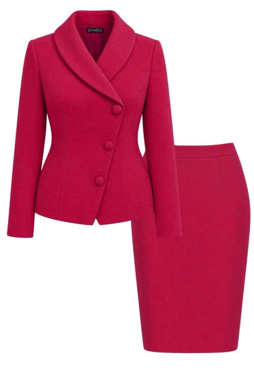 Costum fucsia cu sacou asimetric si fusta din stofa groasa Noemi