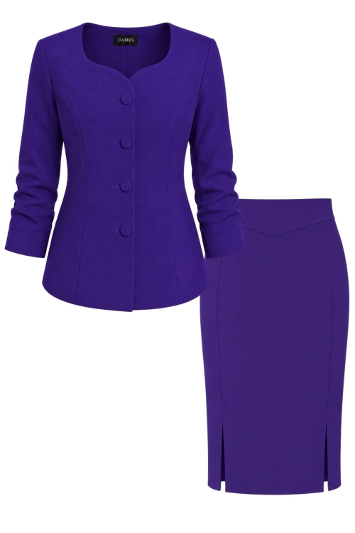 Costum mov elegant sacou decolteu inima si fusta conica cu bata in V
