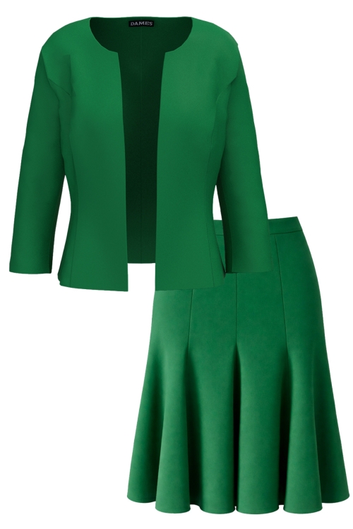 Costum verde cu fusta in clini si sacou elegant cambrat