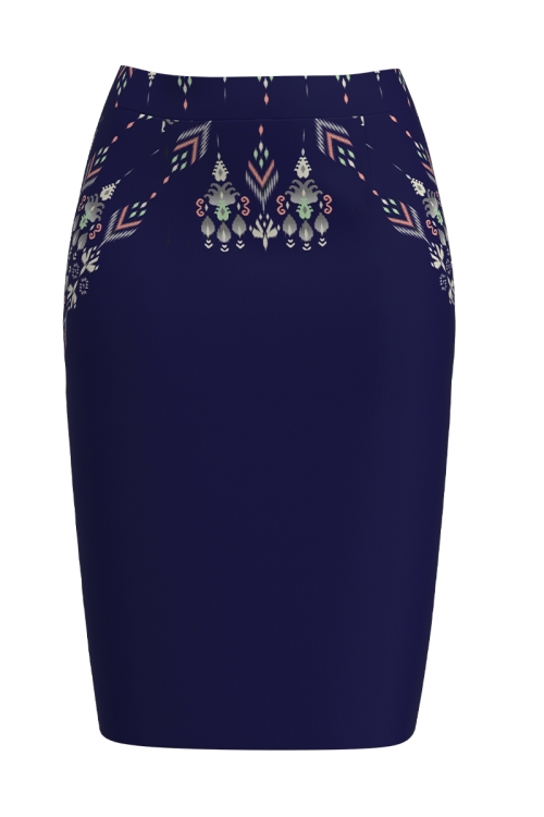 Fusta conica bleumarin imprimata cu model traditional