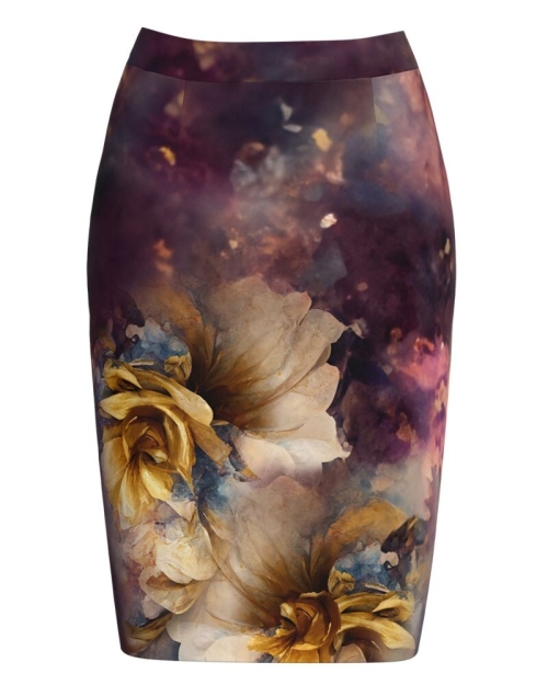 Fusta conica in nuante mov visiniu in degrade cu model floral