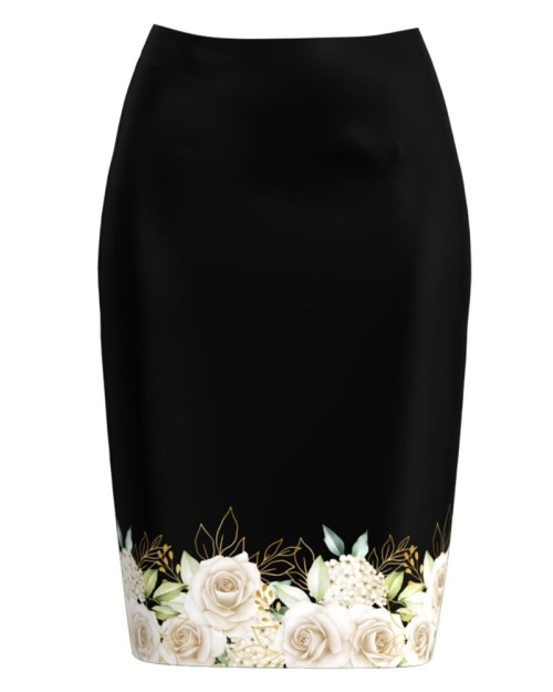 Fusta conica neagra cu imprimeu trandafiri CMD1871