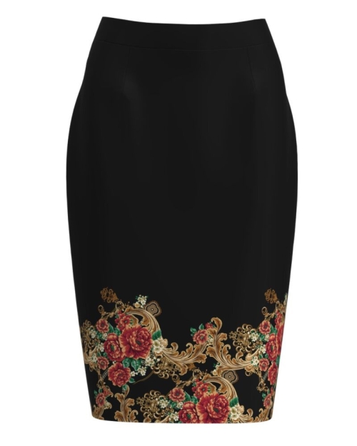 Fusta conica neagra imprimata cu model floral CMD1162
