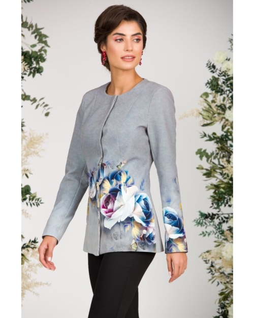 Jacheta de dama gri de lungime medie imprimata cu model Floral CMD2341 - Img 2