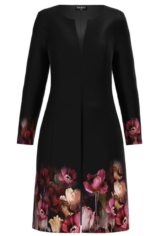 Jacheta de dama lunga neagra imprimata cu model floral CMD1171 - Img 2