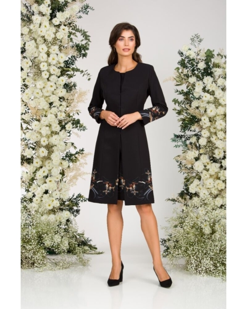 Jacheta de dama lunga, neagra imprimata cu model floral crini - Img 2