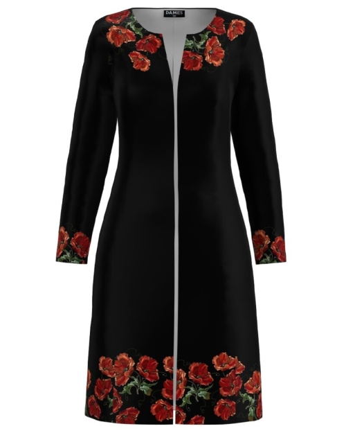 Jacheta de dama neagra lunga imprimata cu model Maci CMD1794