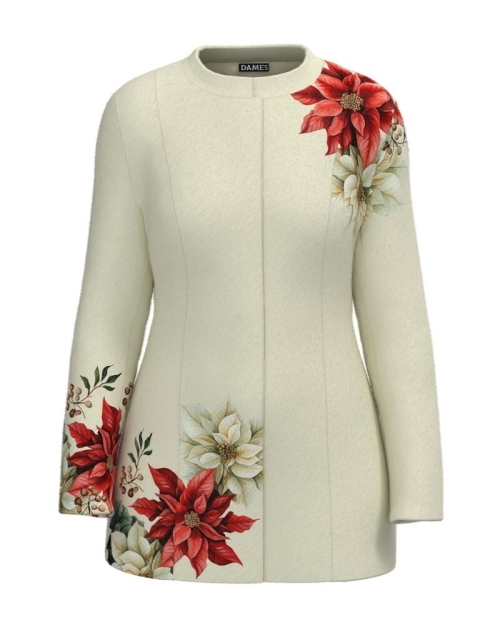 Palton dama bej elegant si calduros imprimat floral CMD4910