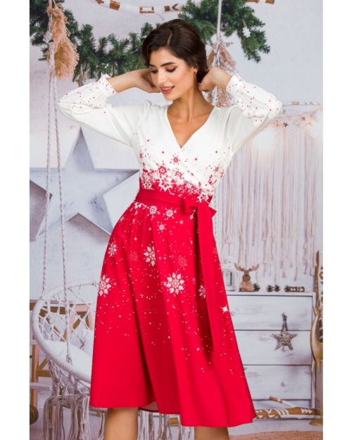 Rochie alb rosu eleganta imprimata Fulgi de zapada CMD1505 - Img 1