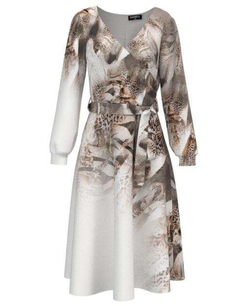 Rochie alba eleganta cu maneca lunga imprimata Leopard CMD1483