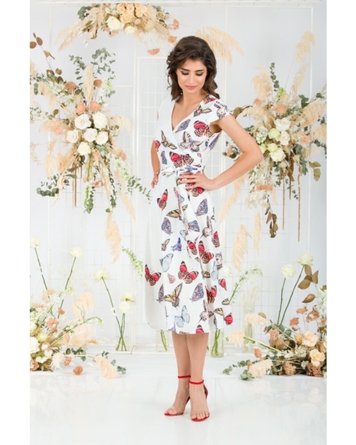 Rochie alba eleganta de vara cu maneca scurta si imprimeu Fluturi CMD740 - Img 6