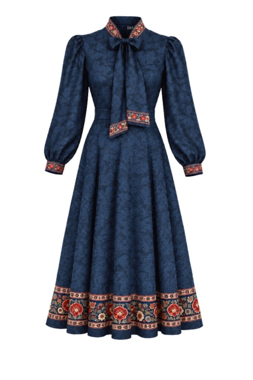Rochie albastru inchis cu guler esarfa si imprimeu floral ornamental