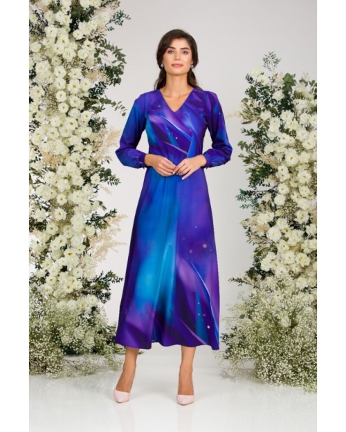Rochie albastru violet eleganta cu maneca lunga imprimata digital CMD2944 - Img 4