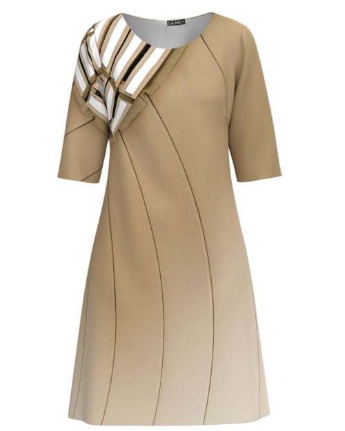 Rochie bej casual cu maneca imprimata digital CMD1095