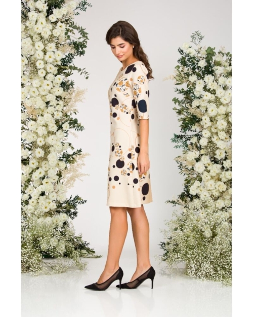 Rochie bej casual imprimata cu model geometic in contrast CMD3183 - Img 4