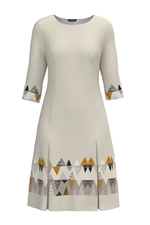 Rochie bej cu pliuri imprimata Aztec
