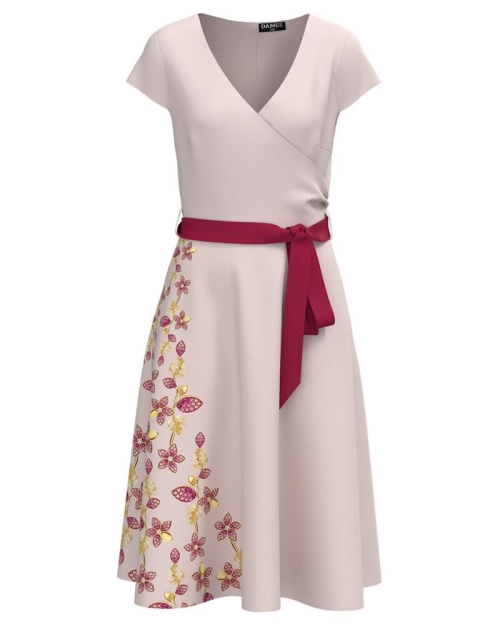 Rochie bej de vara cu maneca scurta imprimata cu model floral - Img 1