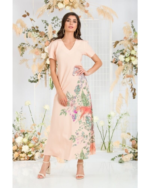 Rochie bej de vara lunga cu buzunare imprimata digital Africa CMD731 - Img 1