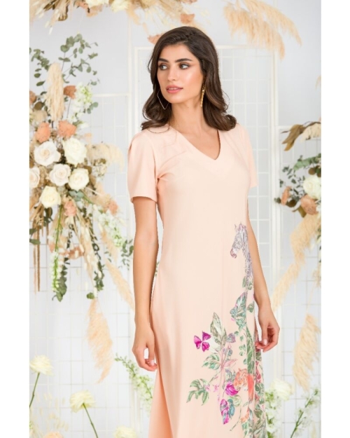Rochie bej de vara lunga cu buzunare imprimata digital Africa CMD731 - Img 3