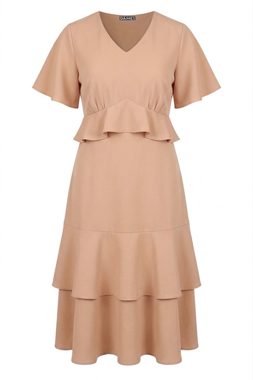 Rochie bej din crepe cu volane