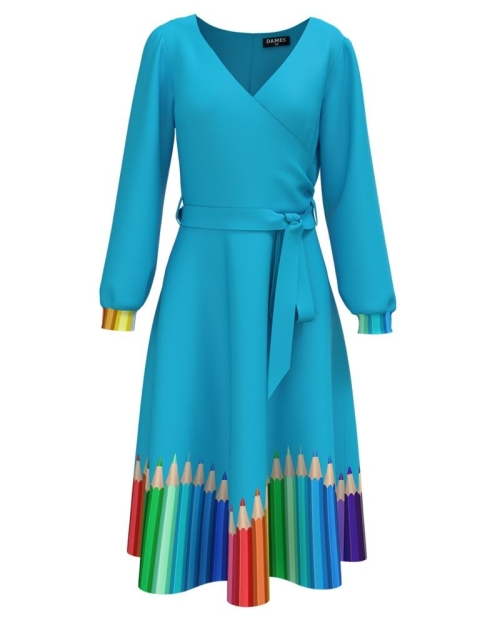 Rochie bleu eleganta cu maneca lunga imprimata Creioane colorate