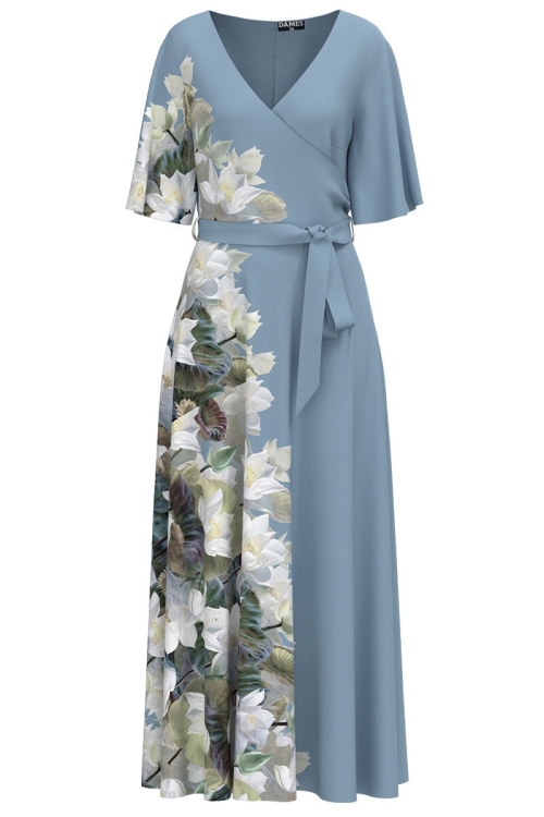 Rochie bleu lunga eleganta de seara imprimata cu model floral CMD2634 - Img 2