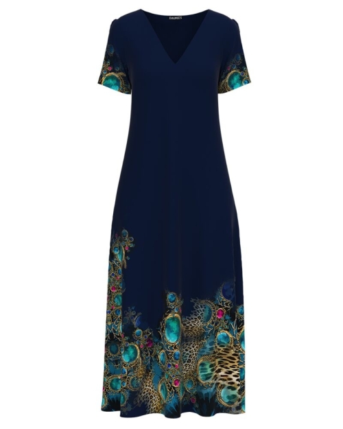 Rochie bleumarin de vara lunga cu buzunare imprimata cu accente turcoaz CMD2738