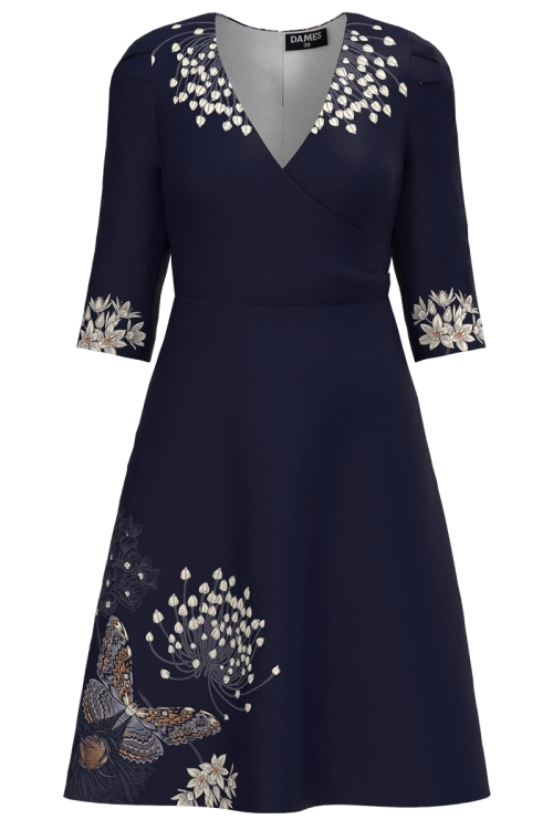 Rochie bleumarin eleganta cu bust petrecut imprimata floral
