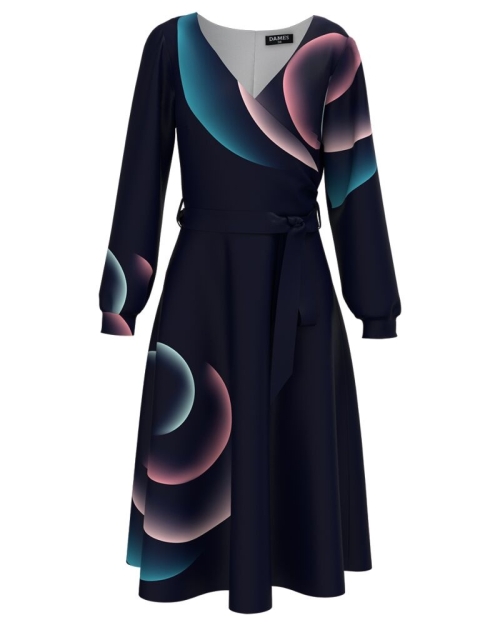 Rochie bleumarin eleganta cu maneca lunga imprimata multicolor