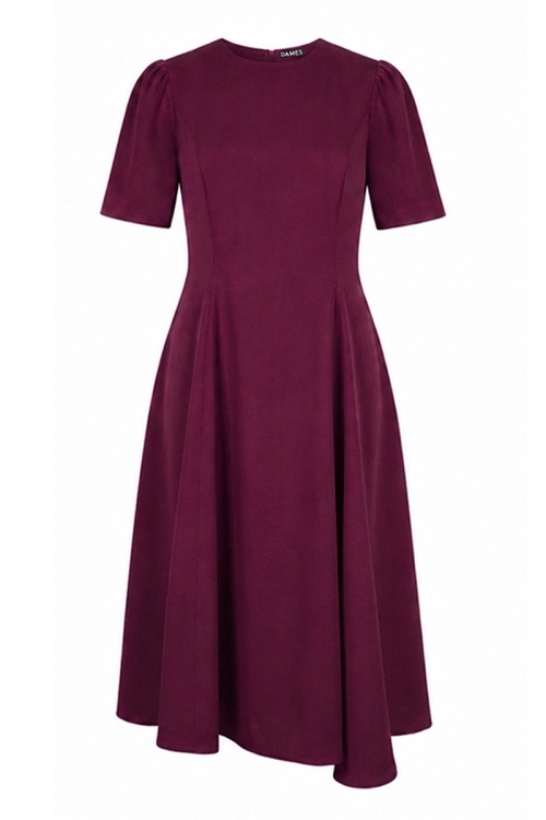 Rochie bordo din vascoza premium satinata cu croiala asimetrica