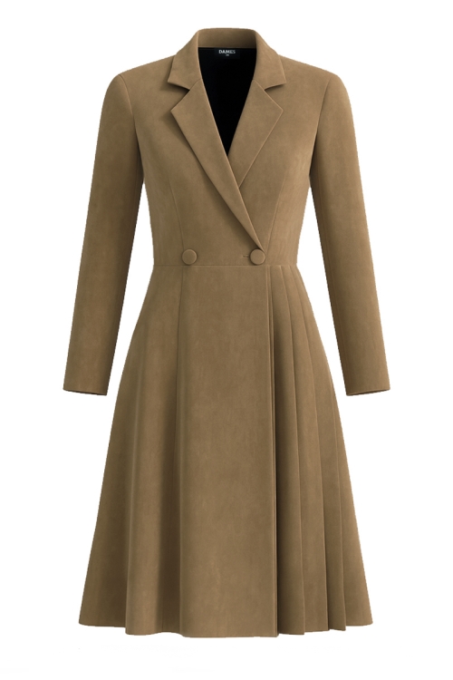 Rochie camel tip pardesiu cu nasturi si pliuri