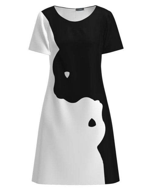 Rochie casual alb negru imprimata cu model Pisici CMD2834