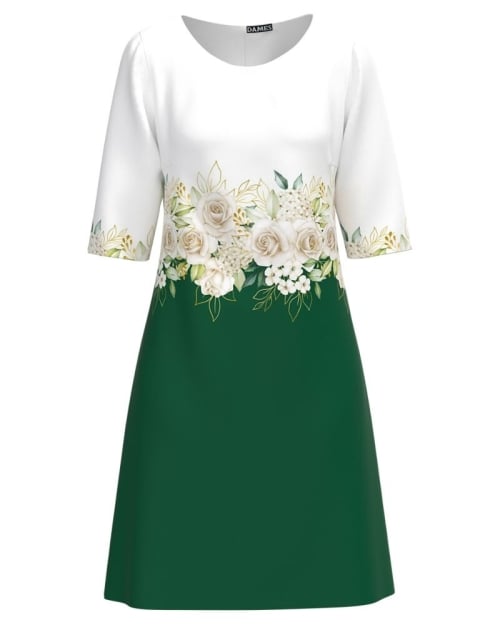 Rochie casual alb verde imprimata cu model trandafiri